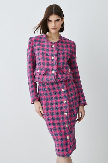 Italian Check Boucle Tailored Pencil Skirt pink