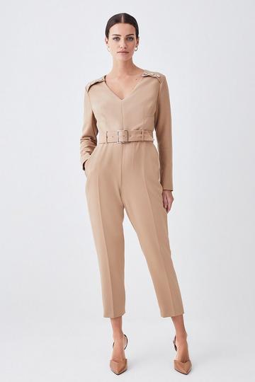 Petite Compact Stretch Button Detail Slim Leg Jumpsuit camel
