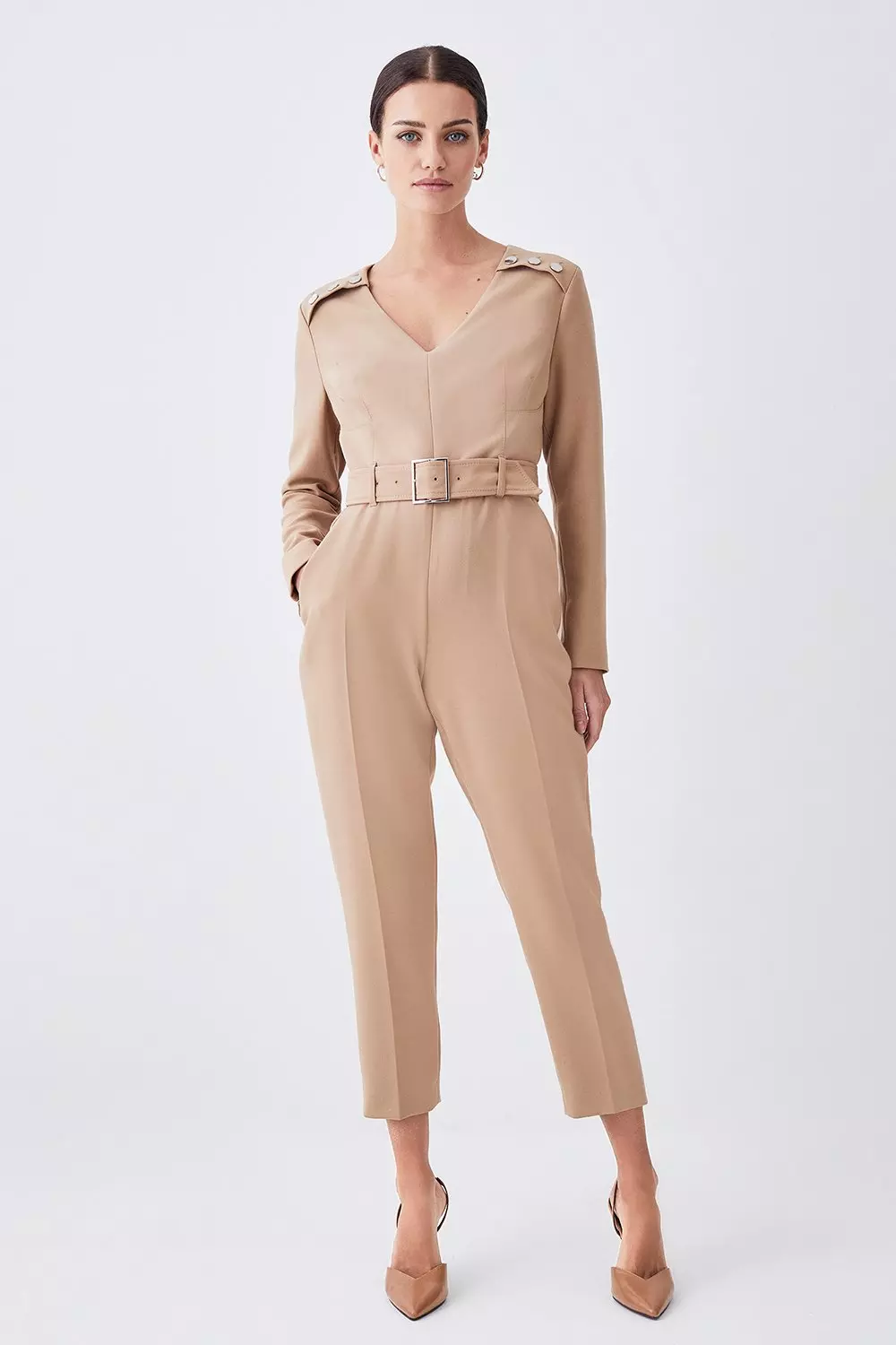 Petite Compact Stretch Button Detail Slim Leg Jumpsuit