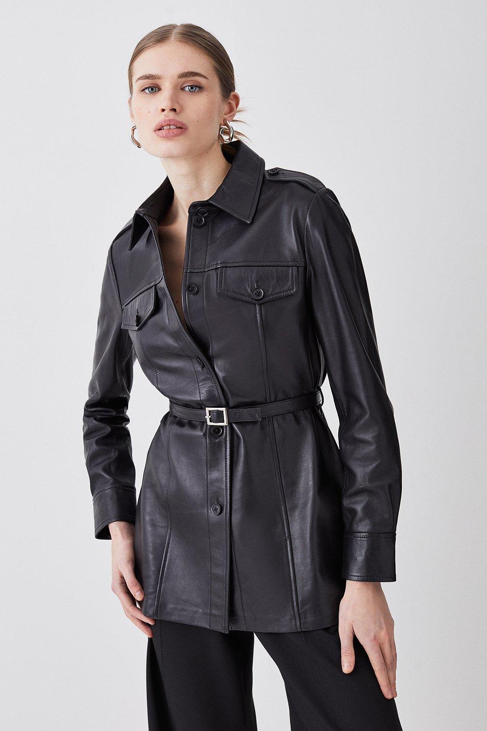 Black leather belted discount jacket