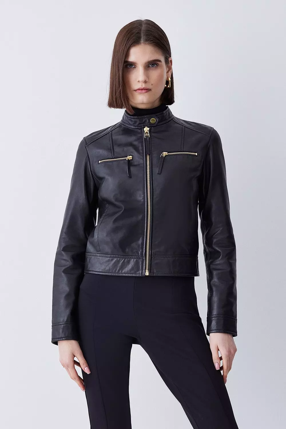 Collarless leather look on sale jacket