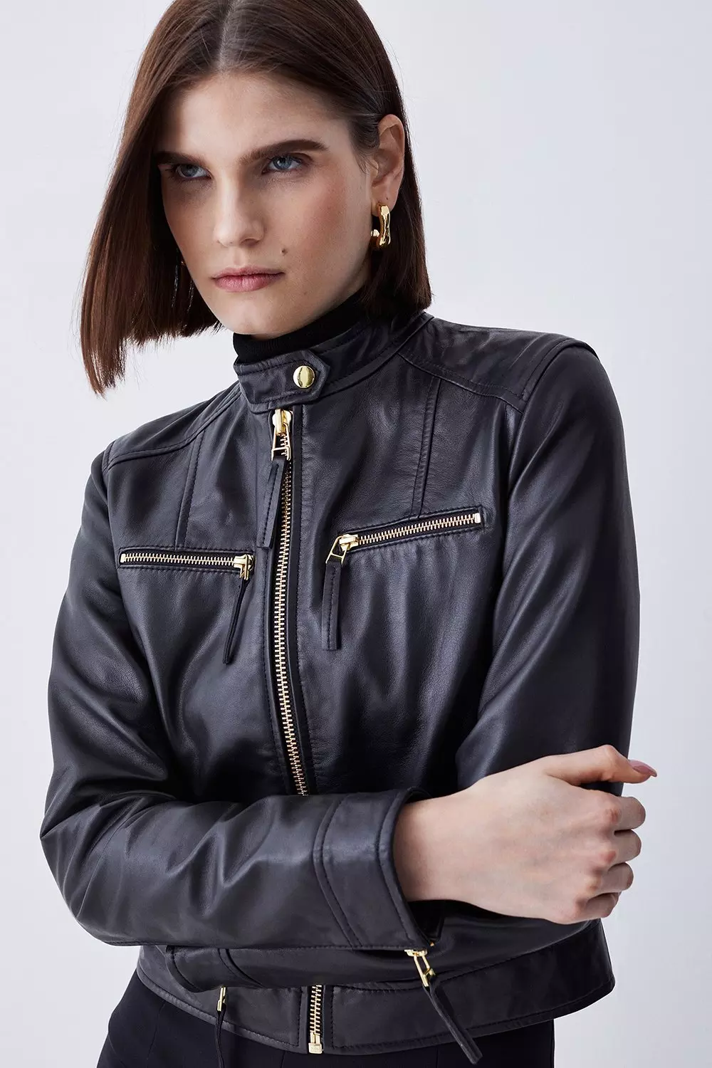 Leather Clean Collarless Moto Jacket Karen Millen