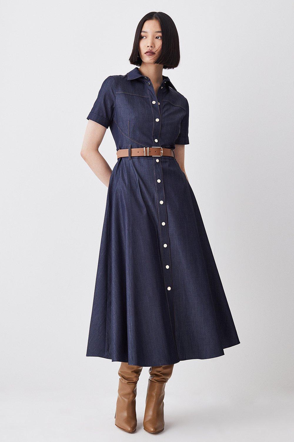 Co belted cheap denim midi shirtdress