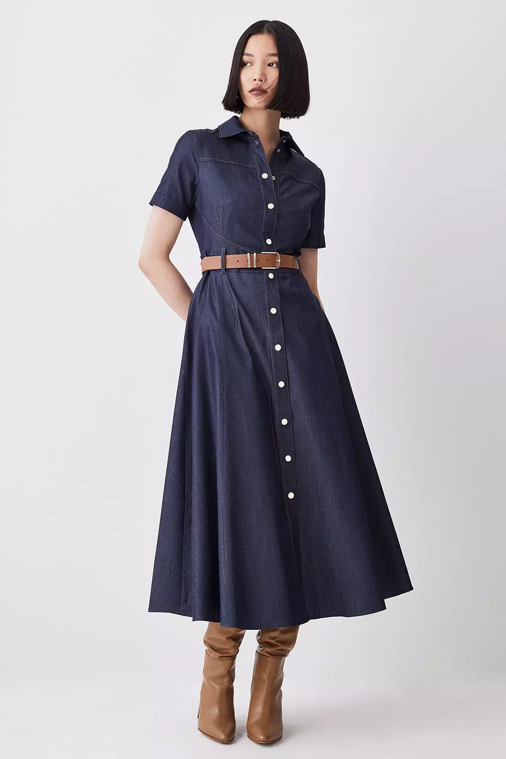 Rebellious Fashion tailored waist denim shirt dress in mid blue 