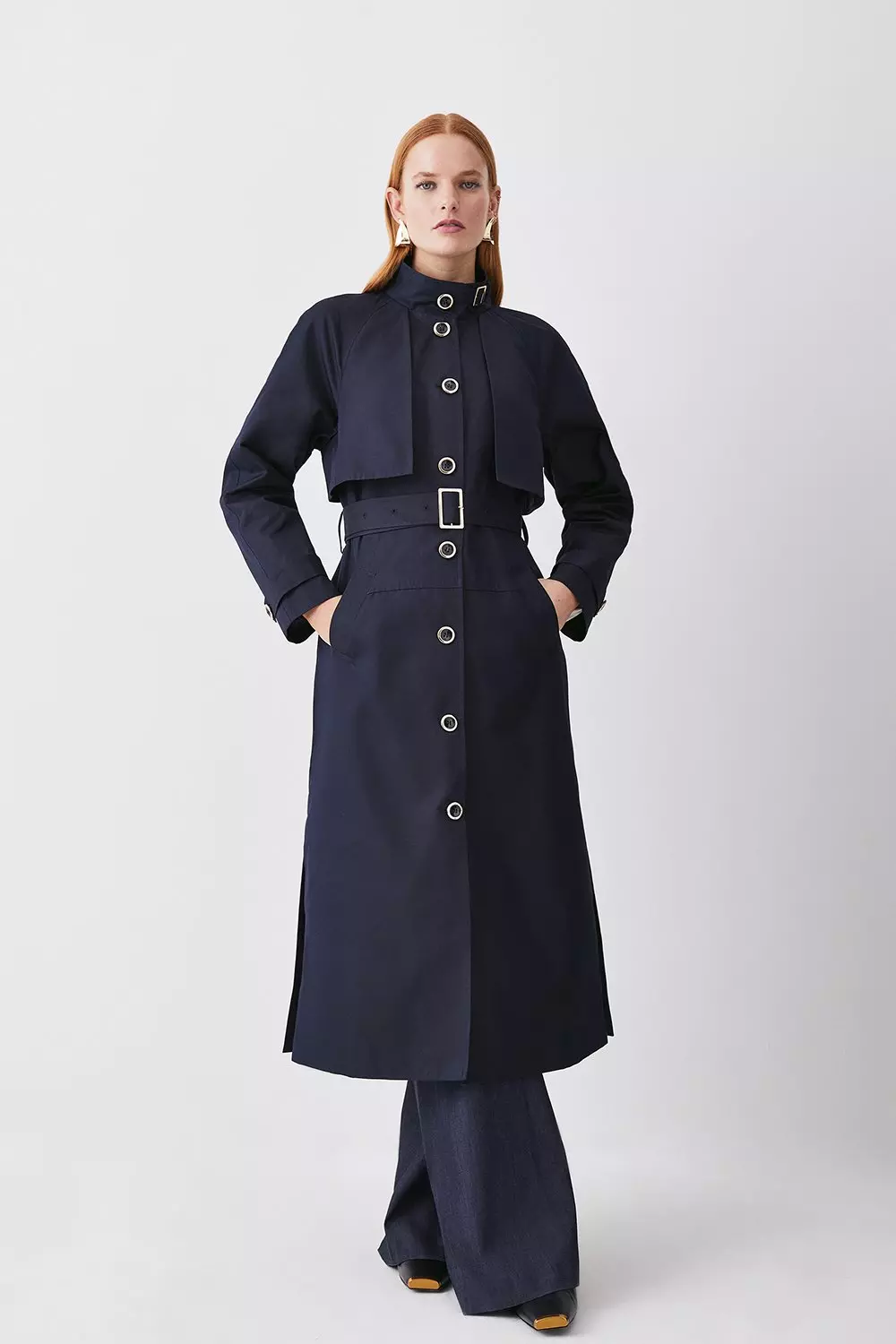 Belted navy trench coat dress