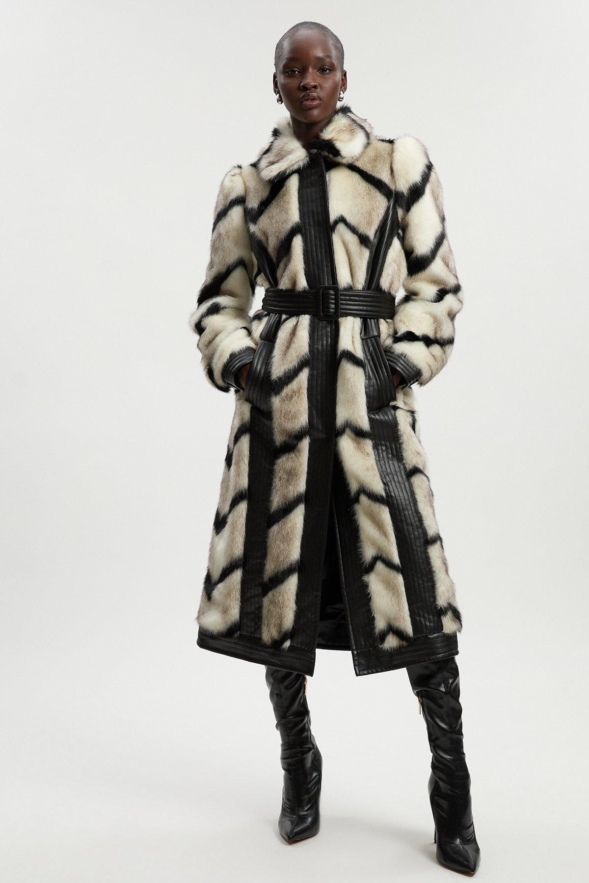 Panelled Stripe Faux Fur Pu Belted Long Coat - Mono