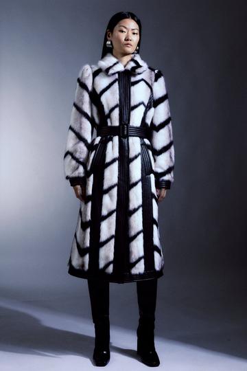 Panelled Stripe Faux Fur Pu Belted Long Coat mono