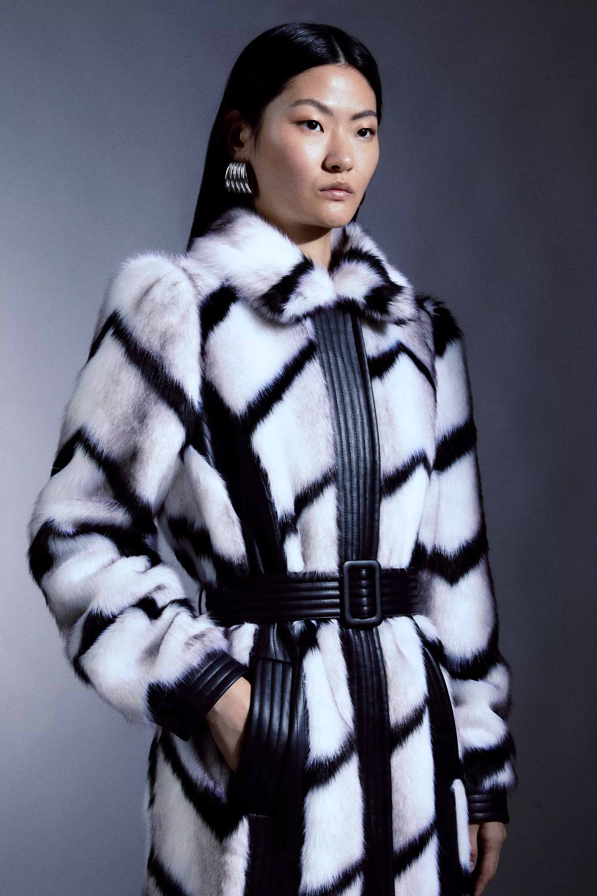 Black and white shop striped fur coat