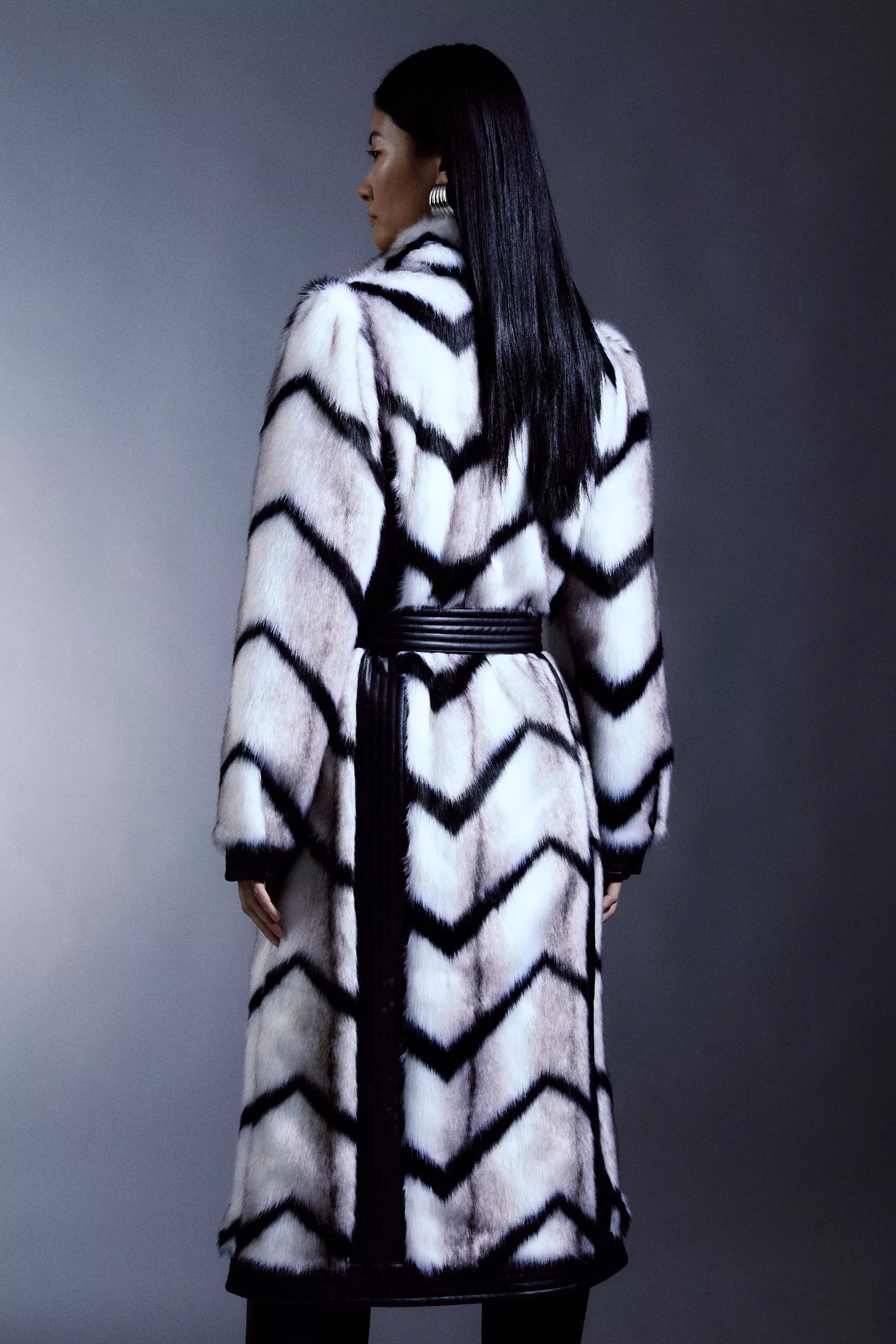 Panelled Stripe Faux Fur Pu Belted Long Coat