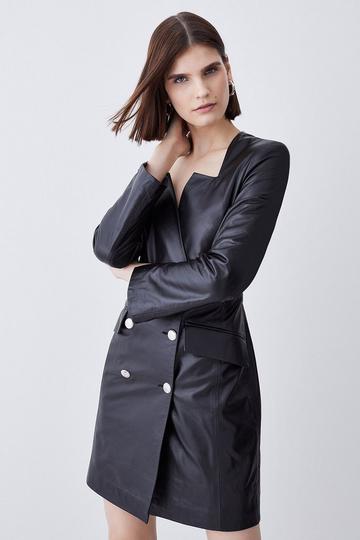 Black Leather Double Breasted Blazer Notch Neck Mini Dress