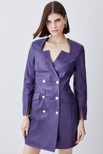 Leather Double Breasted Blazer Notch Neck Mini Dress violet