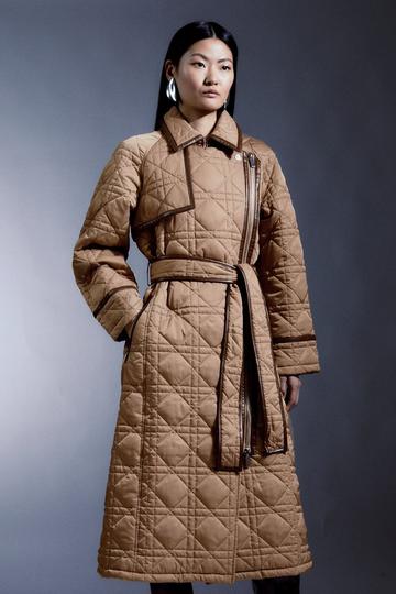 Petite Diamond Quilt Contrast Binding Belted Trench Coat camel