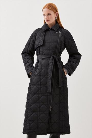 Diamond Quilt Contrast Binding Belted Trench Coat black