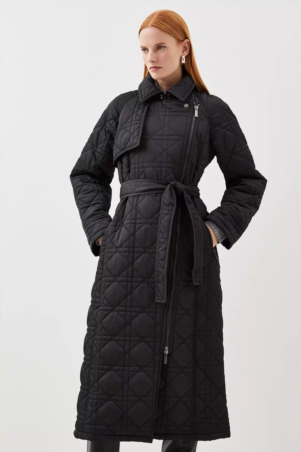 Diamond Quilt Contrast Binding Belted Trench Coat