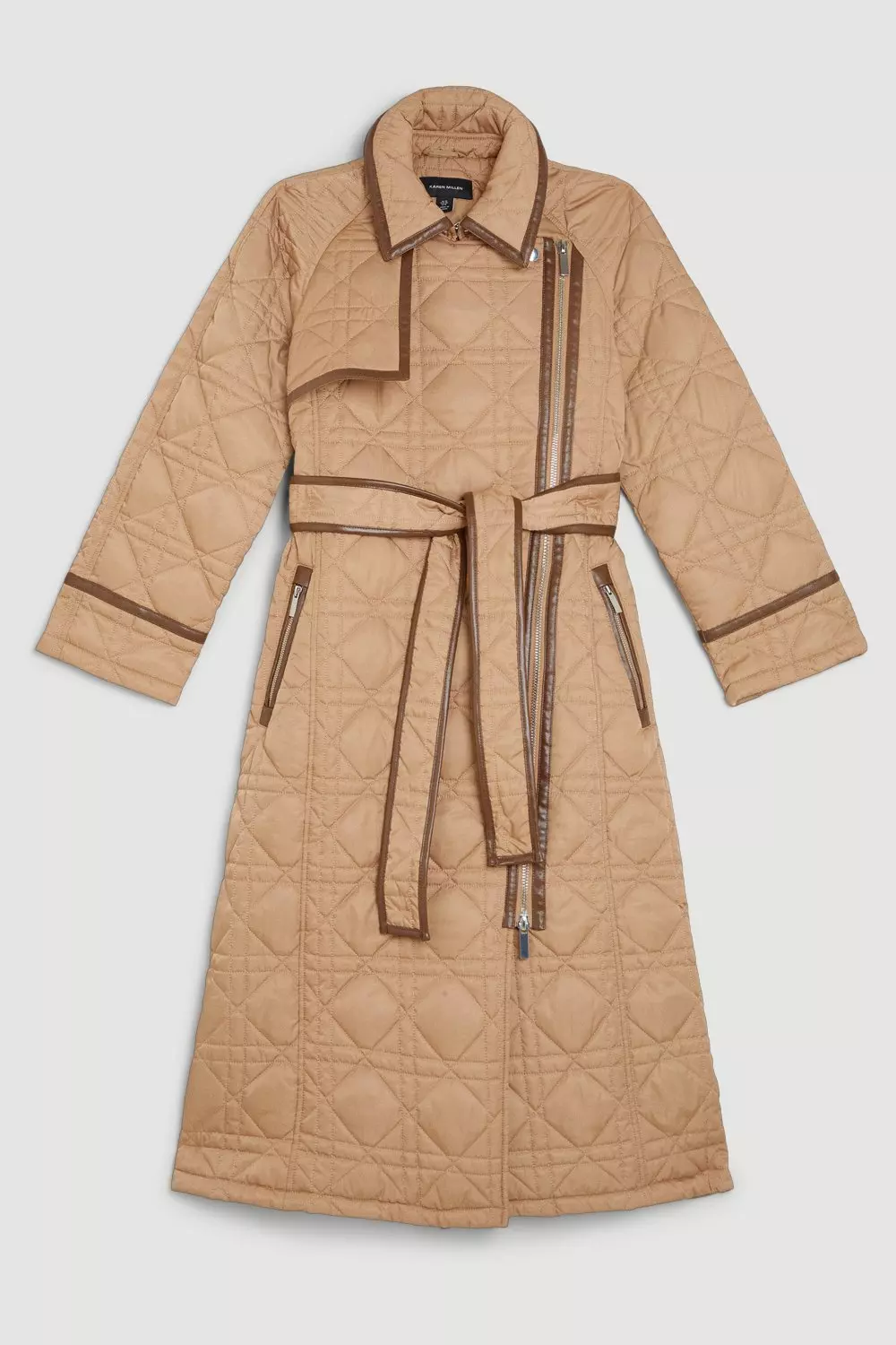 Diamond Quilt Contrast Binding Belted Trench Coat | Karen Millen