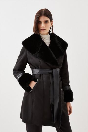 Black Faux Shearling Collar & Cuff Belted Short Coat