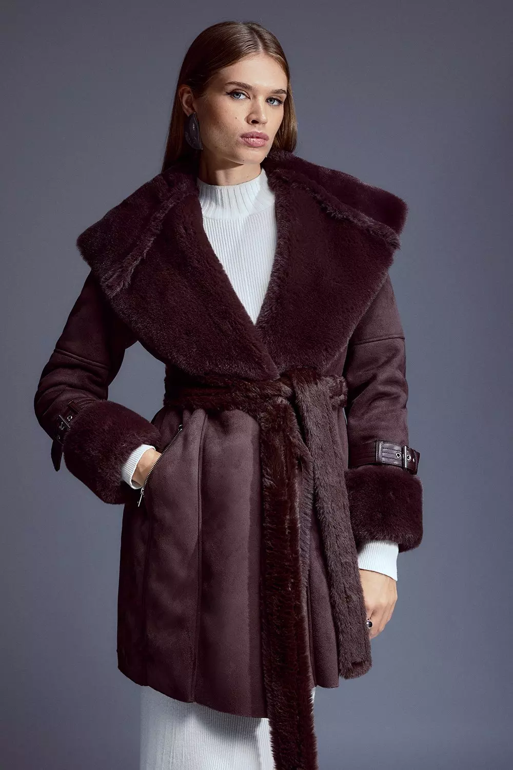 Ever New Curve faux fur collar coat with cuffs in chocolate
