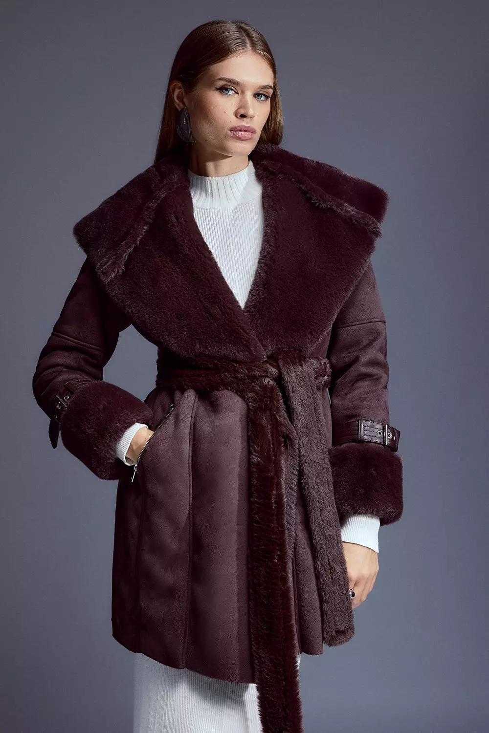 Faux Shearling Collar & Cuff Belted Short Coat | Karen Millen