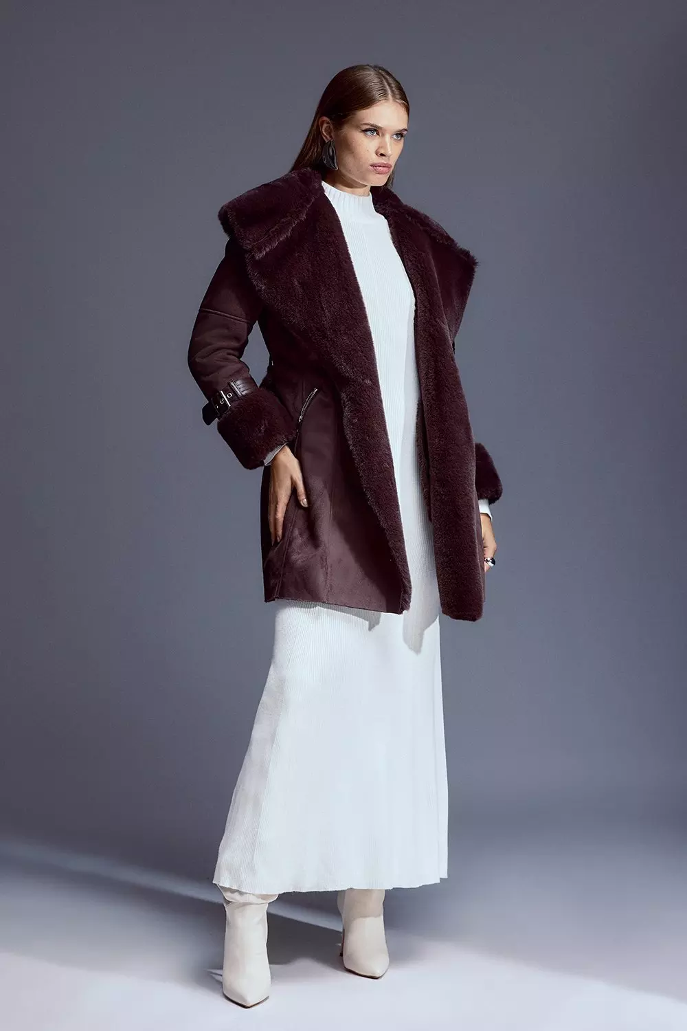 Faux Shearling Collar & Cuff Belted Short Coat | Karen Millen