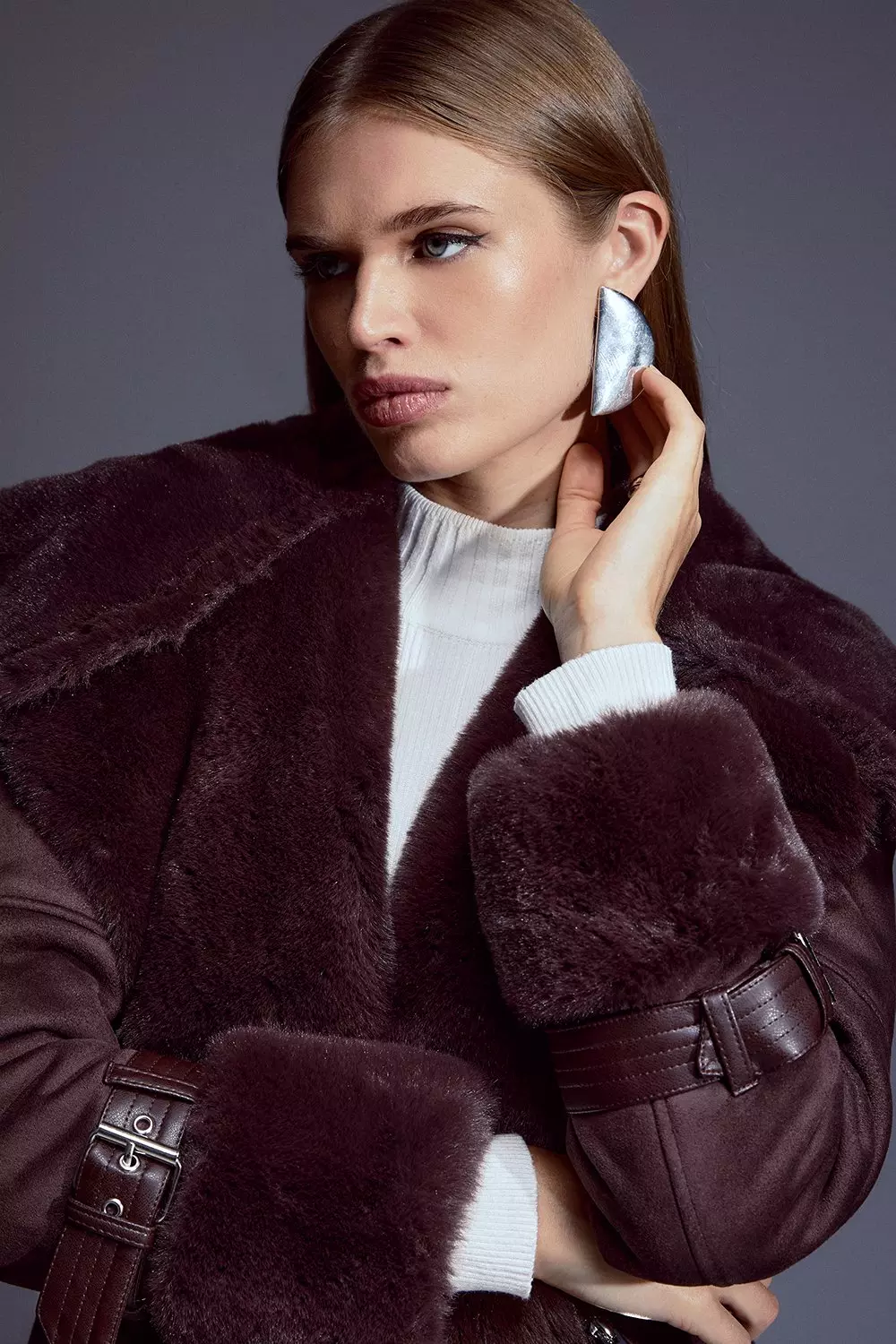 Faux Shearling Collar & Cuff Belted Short Coat