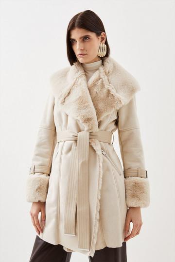 Faux Shearling Collar & Cuff Belted Short Coat ivory