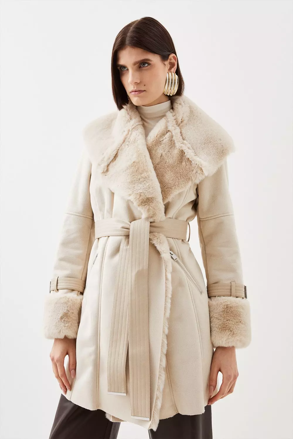 Faux Shearling Collar & Cuff Belted Short Coat