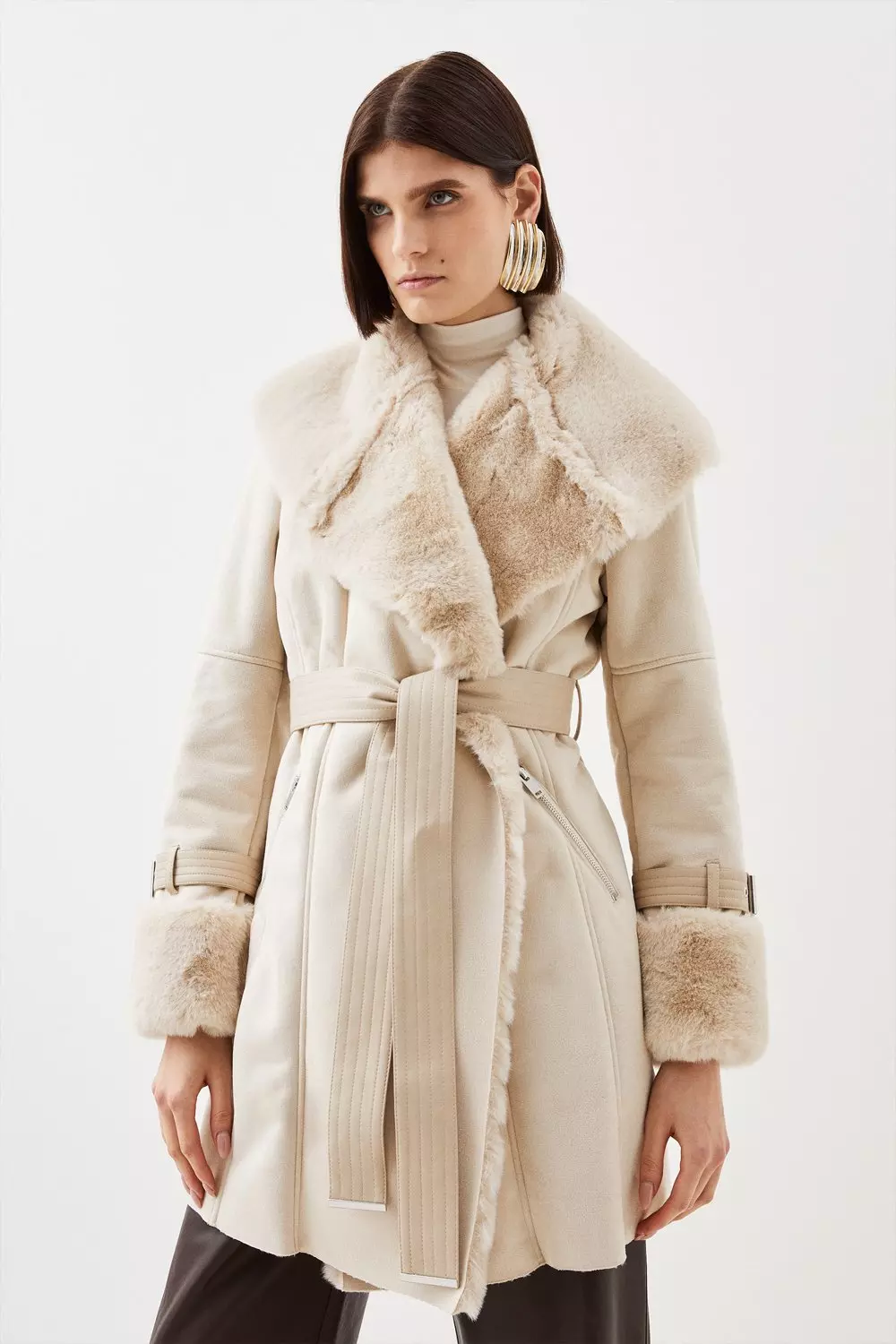 Faux Shearling Collar Cuff Belted Short Coat Karen Millen