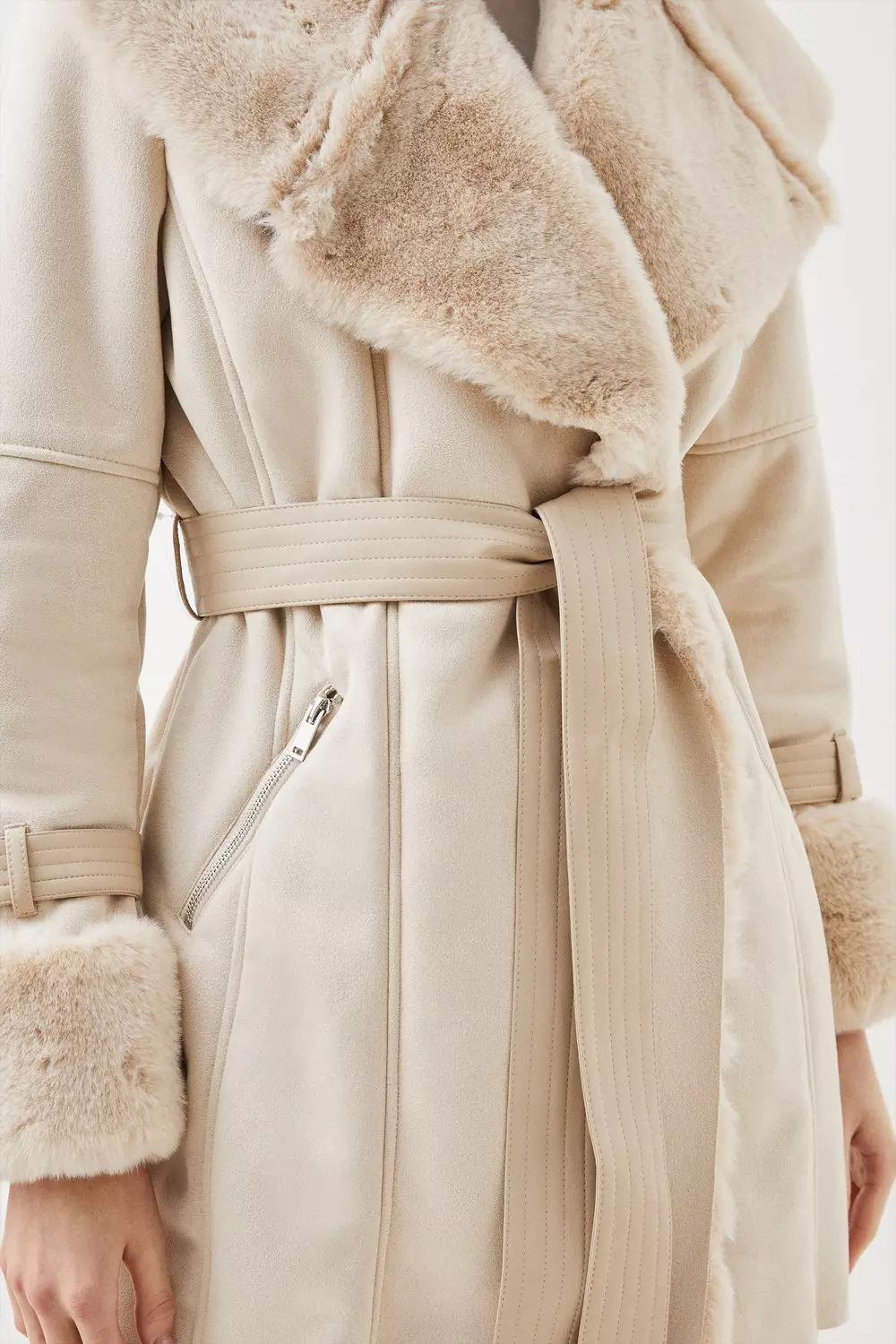 Faux Shearling Collar & Cuff Belted Short Coat | Karen Millen