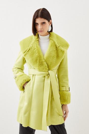 Faux Shearling Collar & Cuff Belted Short Coat lime