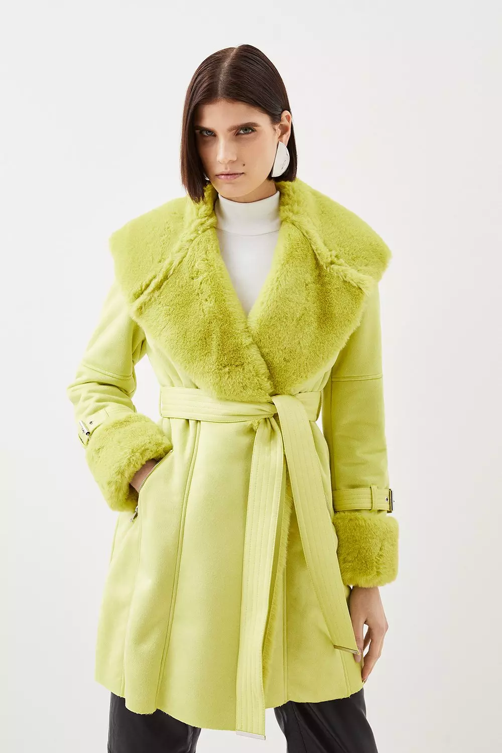 Faux Shearling Collar Cuff Belted Short Coat Karen Millen