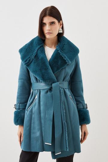 Faux Shearling Collar & Cuff Belted Short Coat teal