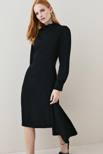 Black Tall Soft Tailored High Low Sleeved Midi Dress