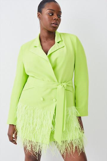 Plus Size Viscose Satin Crepe Feather Hem Double Breasted Tux Dress lime