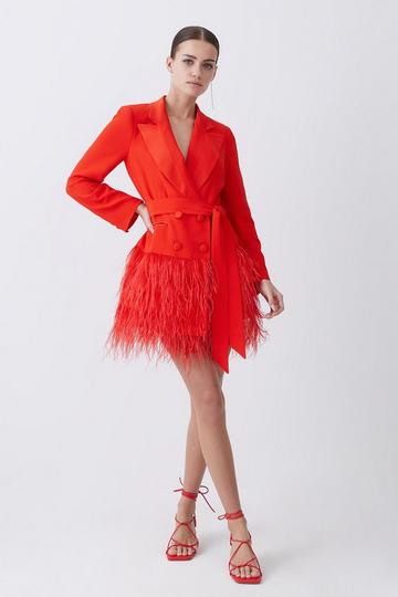 Red Petite Viscose Satin Crepe Feather Hem Double Breasted Tux Tailored Mini Dress