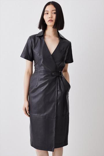 Black Leather Collared Midi Dress