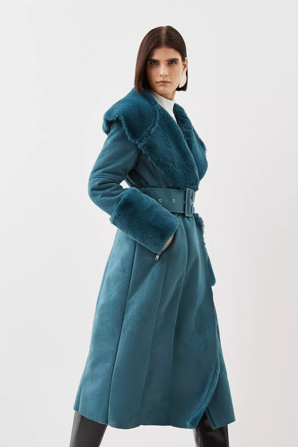 Tall Faux Shearling Collar & Cuff Belted Long Coat