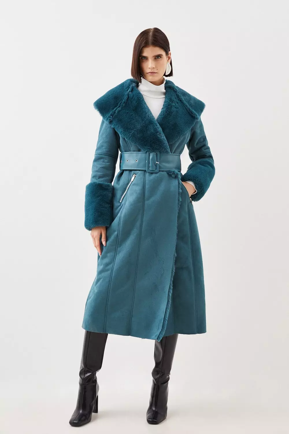 Tall Faux Shearling Collar & Cuff Belted Long Coat