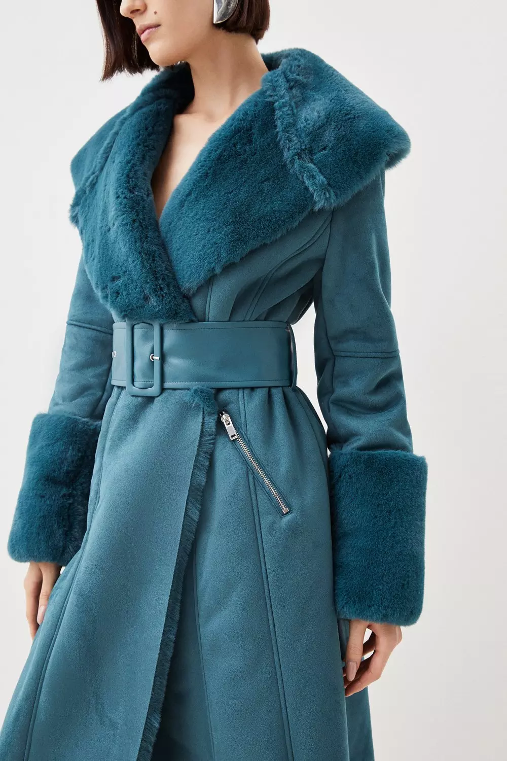 Tall Faux Shearling Collar & Cuff Belted Long Coat | Karen Millen