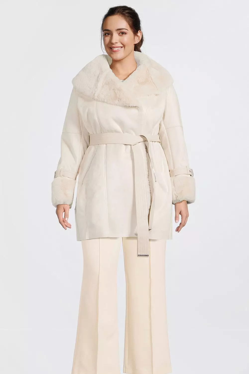 Plus cream faux fur belted coat