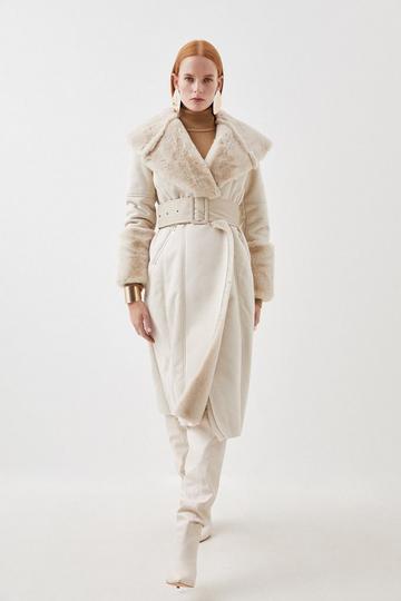 Faux Shearling Collar & Cuff Belted Long Coat ivory