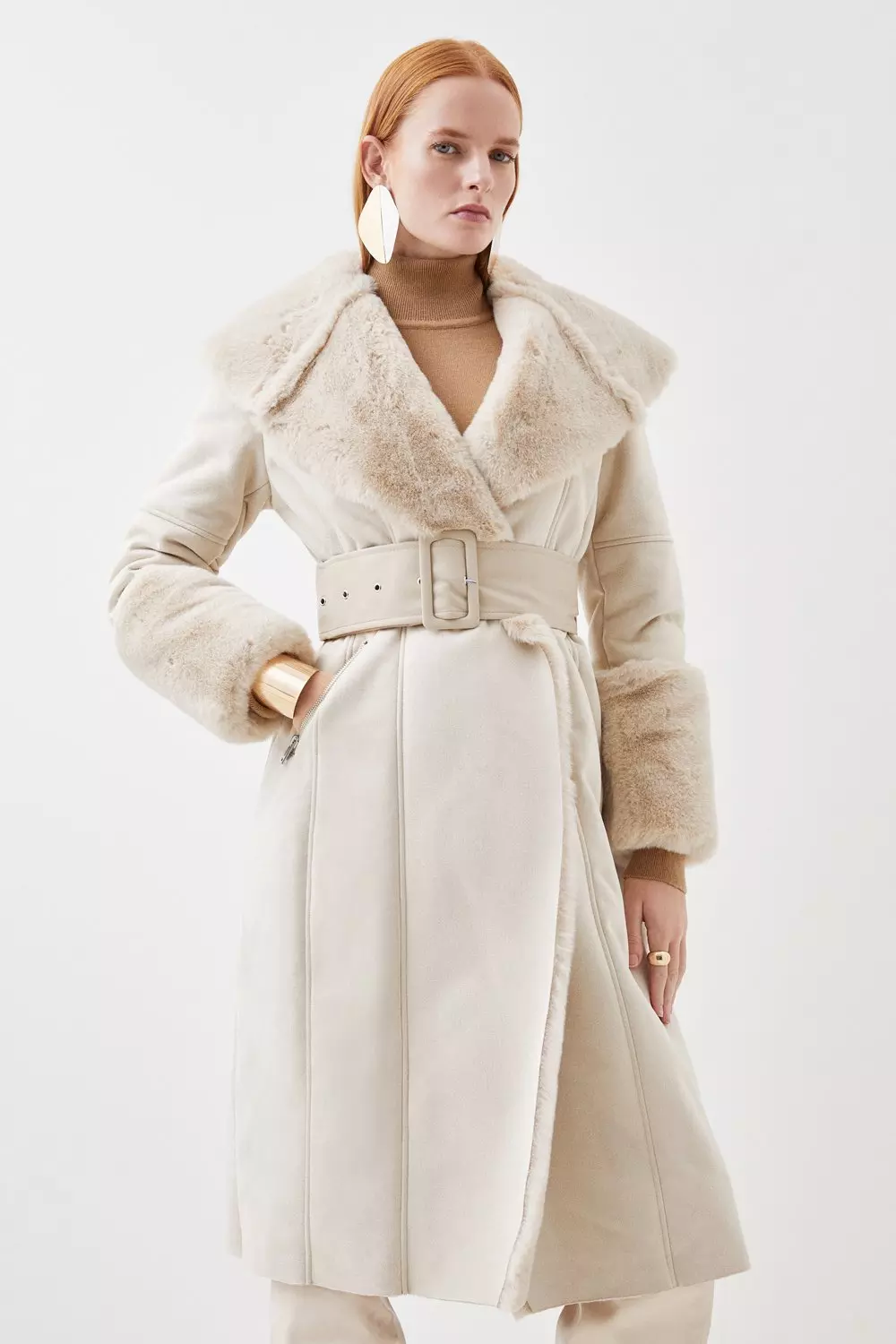 Faux Shearling Collar & Cuff Belted Long Coat | Karen Millen