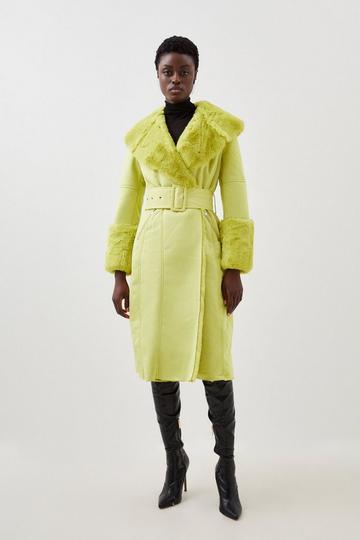 Faux Shearling Collar & Cuff Belted Long Coat lime