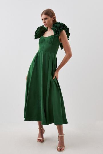 Petite Taffeta Ruffle Woven Midi Dress emerald