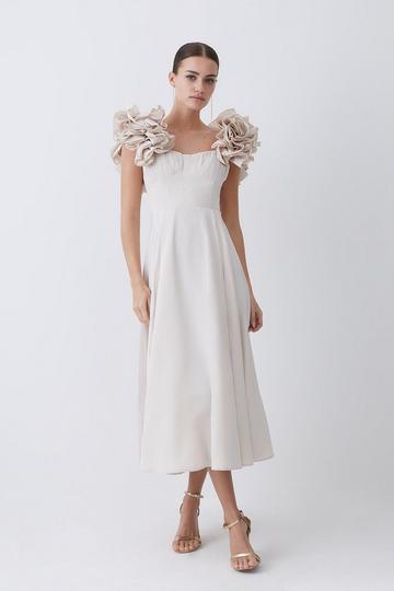 Ivory White Petite Taffeta Ruffle Woven Midi Dress