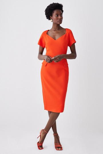 Orange Structured Crepe Square Neck Midi Dress