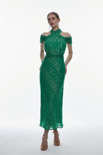 Metallic Viscose Georgette Halter Neck Woven Midi Dress green
