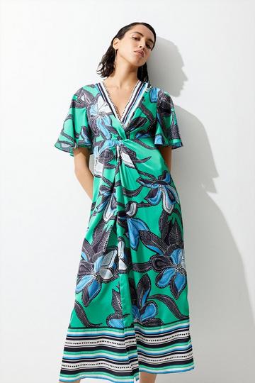 Green Batik Floral Placed Hammered Satin Twist Midi Dress
