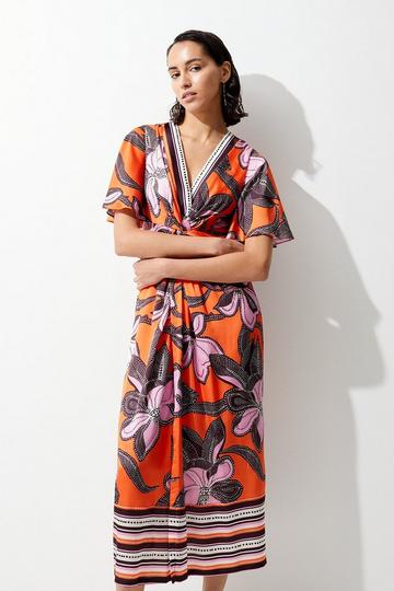 Batik Floral Placed Hammered Satin Twist Midi Dress orange