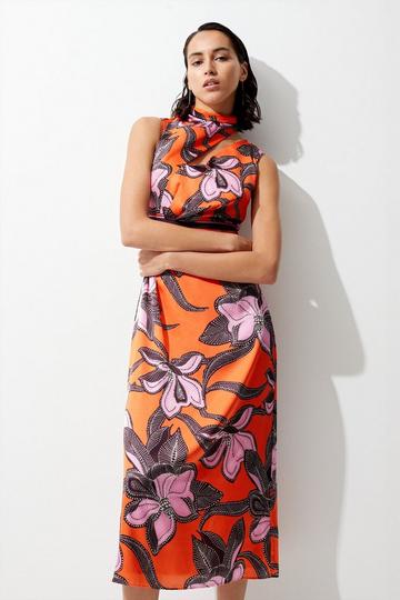 Batik Floral Hammered Satin Column Midi Dress orange