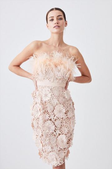 Petite Lace Feather Bardot Woven Midi Dress neutral